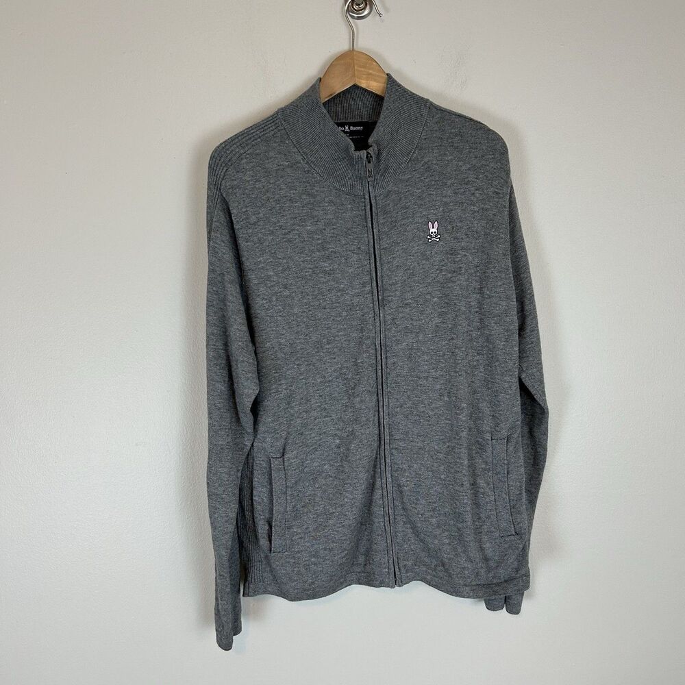 Psycho Bunny M Merino Wool Cardigan Zip Up Gray Sweater Preppy Mock Neck